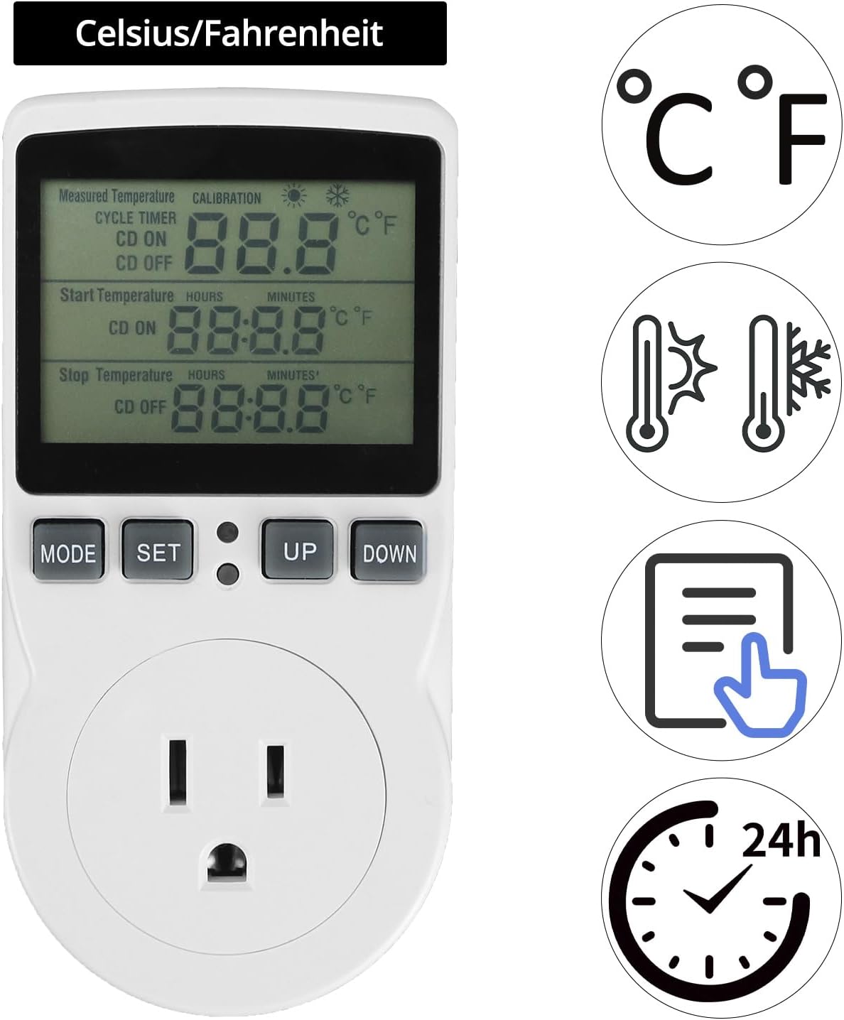 QWORK 2 Pack Digital Thermostat Outlet Plug Temperature Controller Socket - 120V, 15A Max, Heating Cooling Control, No Back Light