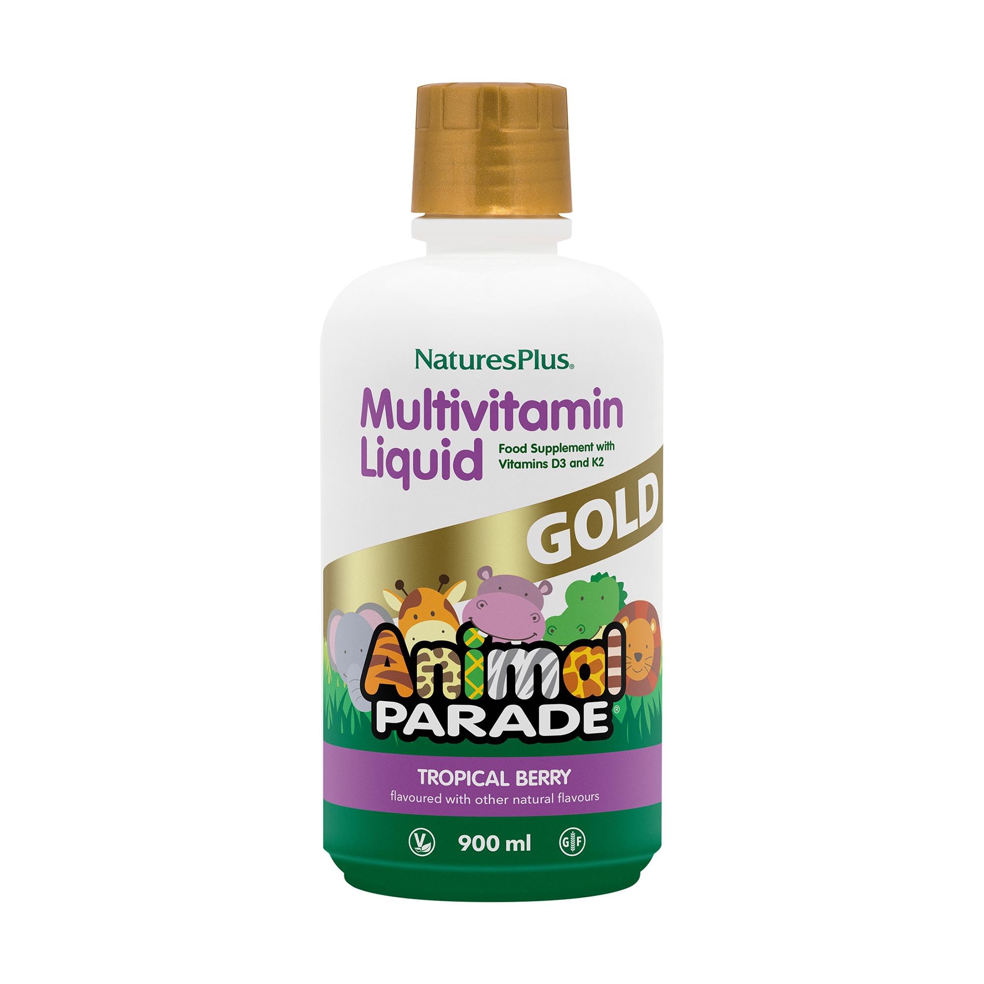 NaturesPlus Animal Parade Gold Liquid Multivitamin - Food Extracted Vitamins and Superfoods for Kids - Natural Tropical Berry Flavour - Immune Support - Gluten Free, Vegetarian - 900ml