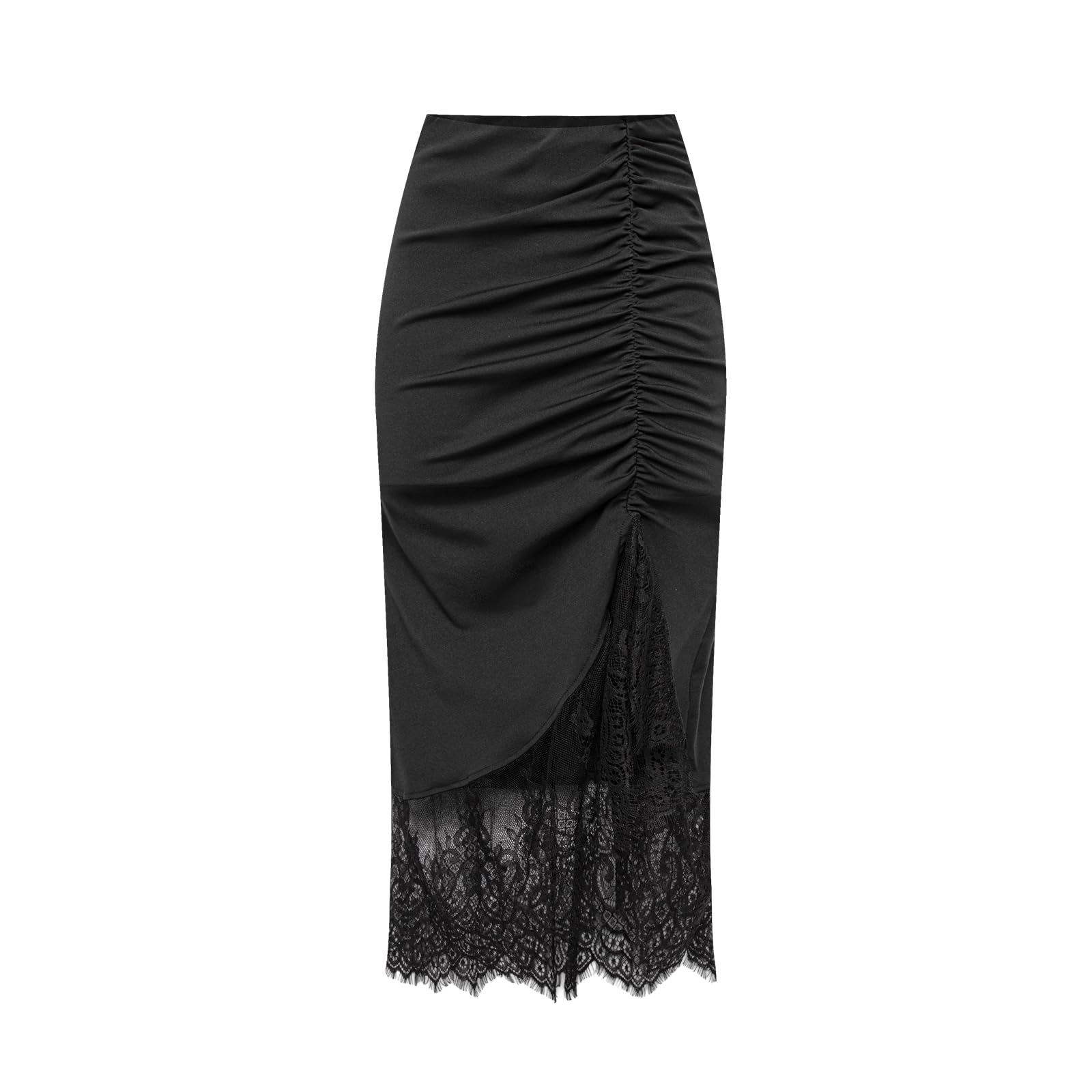 Womens High Waist Skirt 2025 Wrinkle Splicing Lace Slimming Fashion Half Body Long Skirt Black
