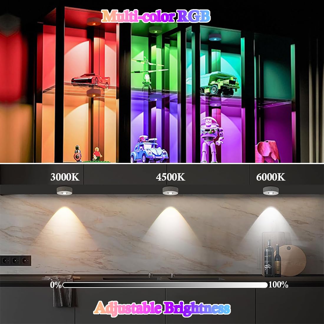 JKCUYOO 3pcs Rechargeable Puck Lights with Remote,3 Color Temperatures & 9 RGB Under Cabinet Lighting,Under Cabinet Puck Lights with Timer,Dimmable Magnetic Under Counter Lamp for Kitchen - Image 3