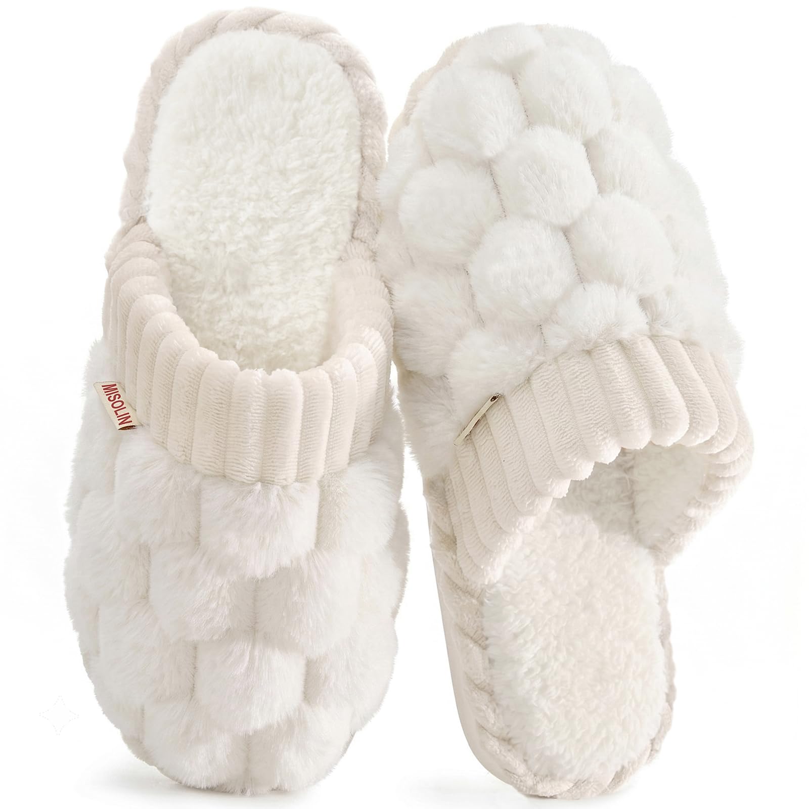 Misolin Pantofole Donna Invernali Pelose Ciabatte da Casa with Memory Foam | Morbide e Comode, Fodera in Peluche Calda, Suola Antiscivolo, Tutte le Stagioni, Interno/Esterno