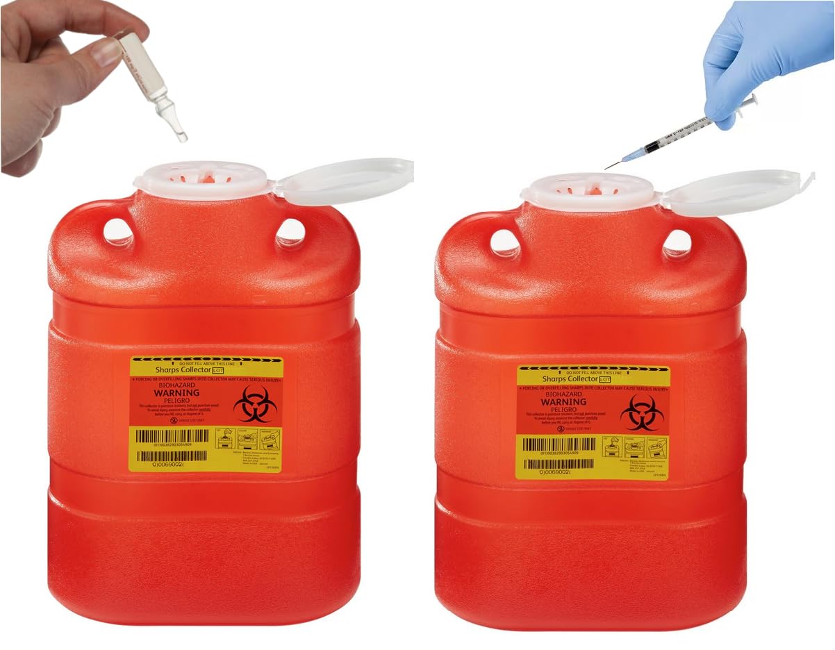AmeriCan Goods Multi-Use 8.2qt Plastic Bio Hazard Sharps & Overfillings Collector Container with One-Way Funnel, Red (1)