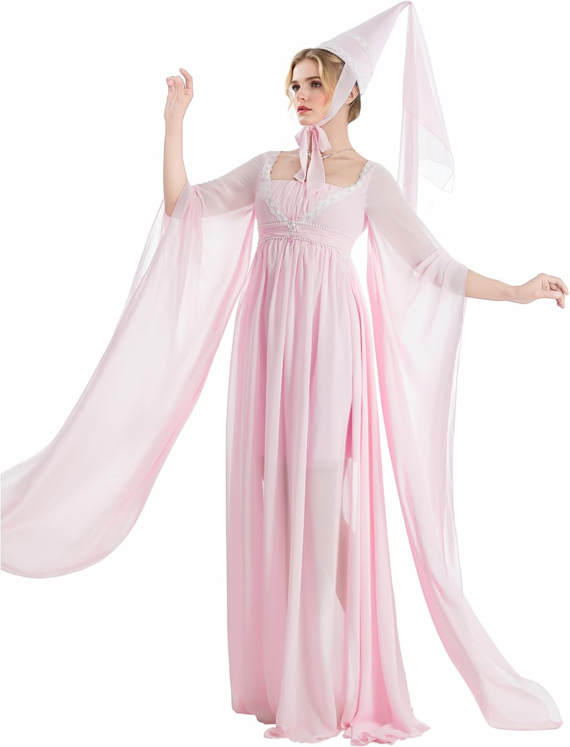daizbella Women Medieval Princess Dress Satin Gown Flowy Chiffon Sleeves Renaissance Costume with Hat