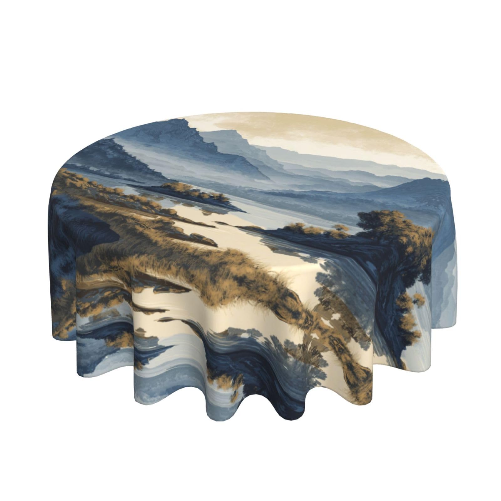 ESNAIUVCD mountains and rivers print Round Tablecloth Waterproof Washable Wipeable Resistant Polyester Circular Table Cover for Dining Room Kitchen Indoor Outside 60"
