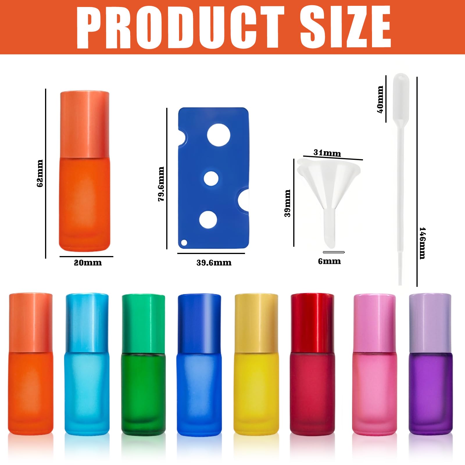 Roll On Botellas de cristal para aceite esencial, 24 unidades, vacías, 5 ml, multicolores, con bolas de rodillo de acero inoxidable y accesorios para aceites esenciales, perfume, masajes