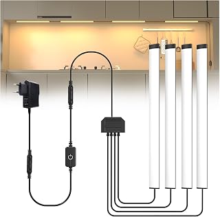 Lustaled Flach Unterbauleuchte Küche LED mit Kabel, 4 x 30cm Vitrinenbeleuchtung LED Küchenlampe Unterbau Warmweiß 3000K, Touch Dimmbare Küchenunterbauleuchte 230V für Schrank, Vitrine, Regal