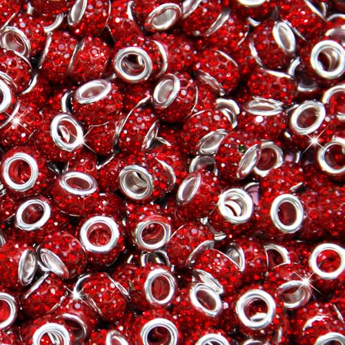 200Pcs Rhinestone Large Hole Beads Spacer Beads Red European Craft Big Beads Large Hole Rhinestones Lampwork Murano Bead Fairy Wand Garden Beads for DIY Bracelet Necklace Jewelry Making Supplies