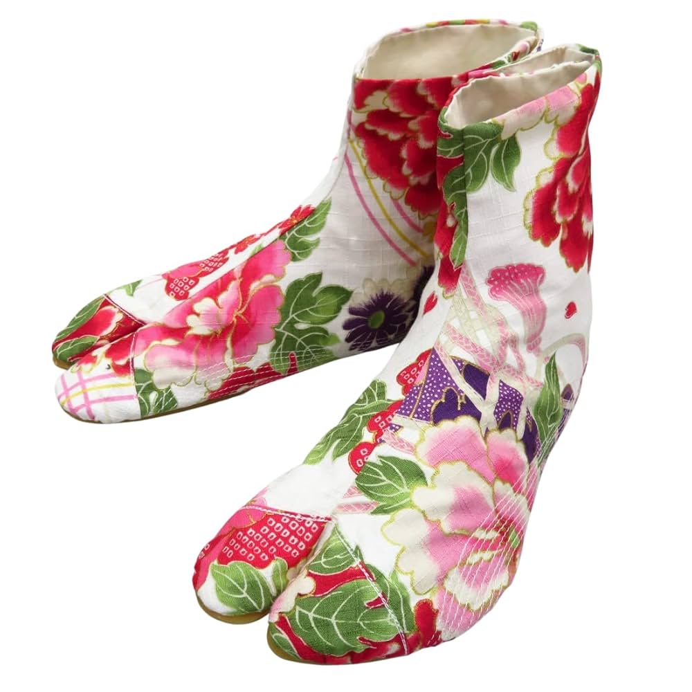 Amazon.co.jp: 義若の和柄地下足袋・金彩牡丹と桜（赤白・23