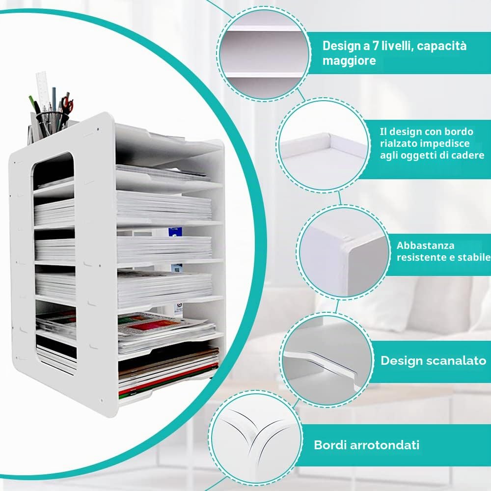 THATSRAD Organizzatore da Ufficio per Scrivania Organizzatore di Carta a 7 Livelli Organizer per Scrivania A4 Porta Documenti da Scrivania Vassoio Portadocumenti per Ufficio per Ufficio Scuola e Casa