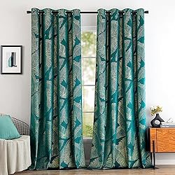 Cortinas Estampadas MIULEE Cortinas Terciopelo con Estampado de Hojas de Oro, Cortinas Turquesa Ventanas Salon 2 Piezas 140 x 260 cm (An x L), Elegante Cortinas Decoracion Dormitorio, Terciopelo Suave Cortinas Habitacion