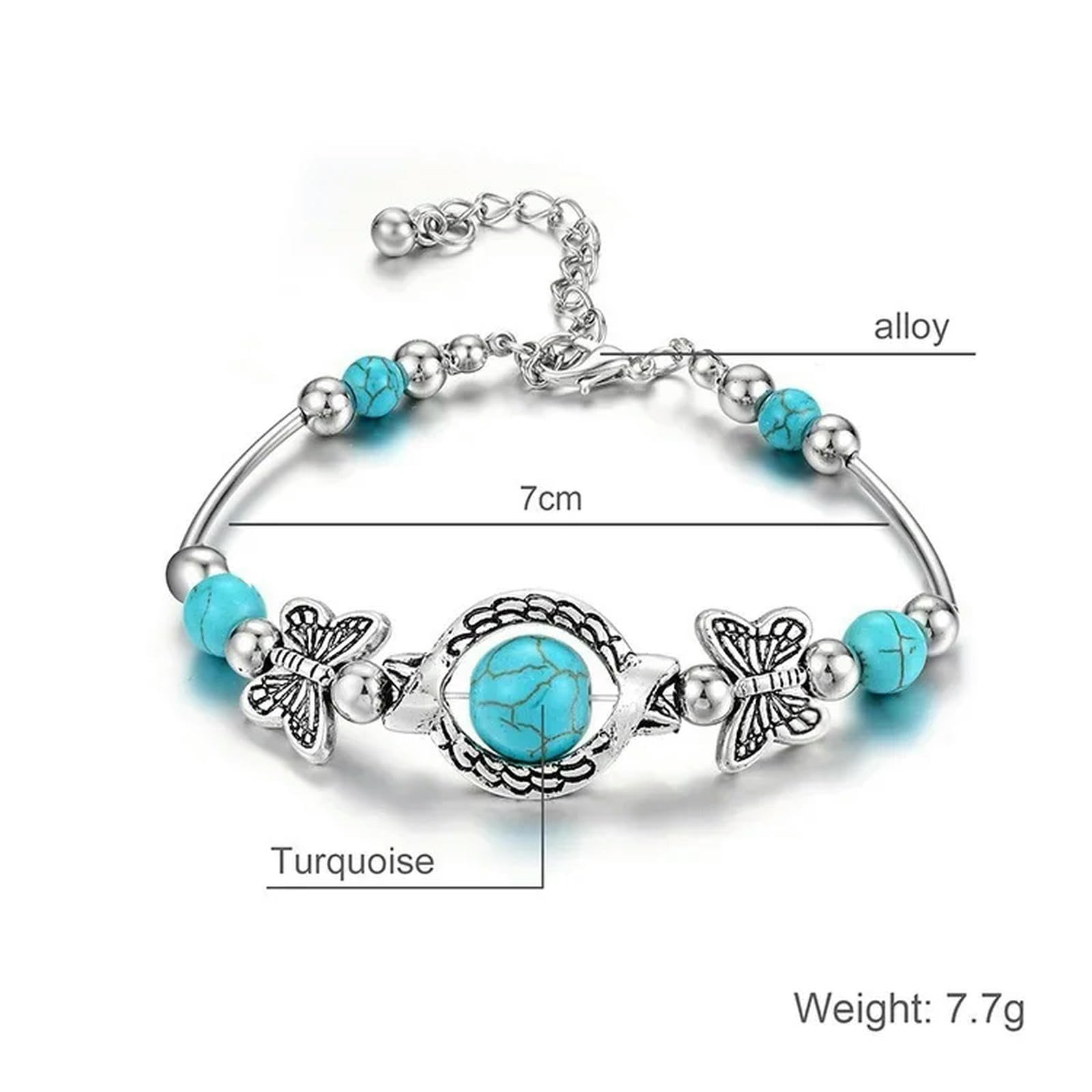 King Trendy Mujer Pulsera de Mariposa Patrón Tallado Personalidad Cuentas Turquesa Cadena de Mano