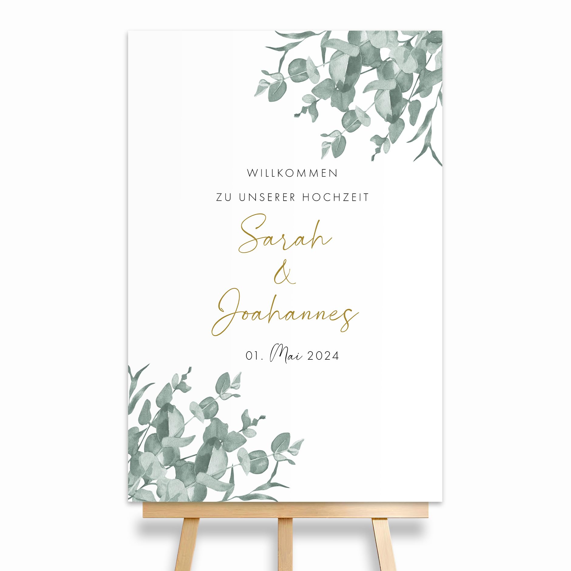 HEI Print Willkommensschild Hochzeit Eukalyptus mit Datum und Namen, personalisierte Hochzeitsdeko, Aufsteller Willkommen Schild, Grün, Leinwand, 60x40 (Hochformat)