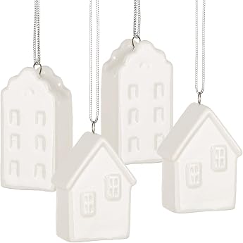 Logbook publishing house 4 Small White Houses Christmas with String Hanging Porcelain Christmas Tree Christmas Houses 4.8cm