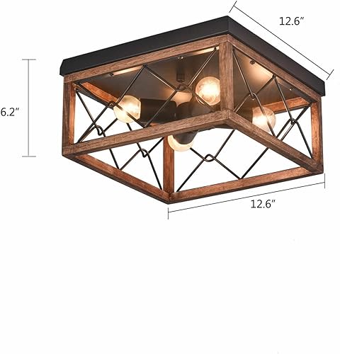 Miniatura 2 de Lámpara rústica de montaje empotrado, 4 luces de metal y madera, lámpara de techo industrial cerca del techo, para pasillo, dormitorio, cocina,