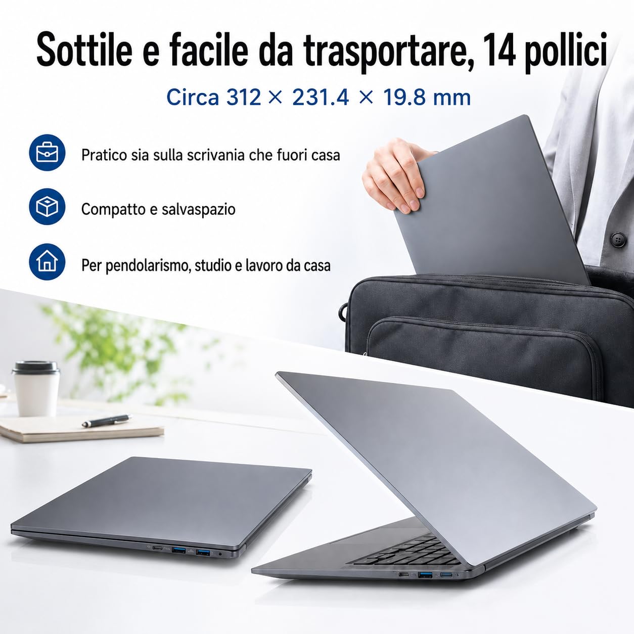 2026 PC Portatile 14 Pollici 2K IPS (2160×1440), m3-8100Y fino a 3.4GHz/16GB+512GB SSD, Windows 11/USB 3.0/Ultra-Sottile, con Copritastiera Italiana (Grigio)