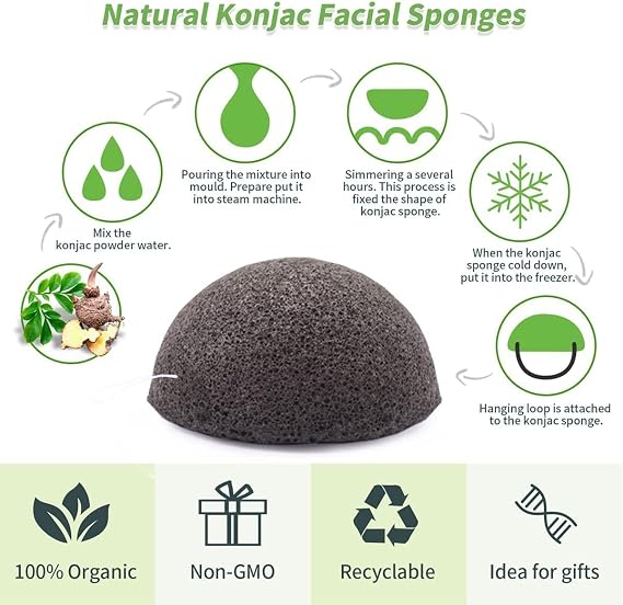 Organic Konjac Cleansing Facial Sponges with Activated Charcoal