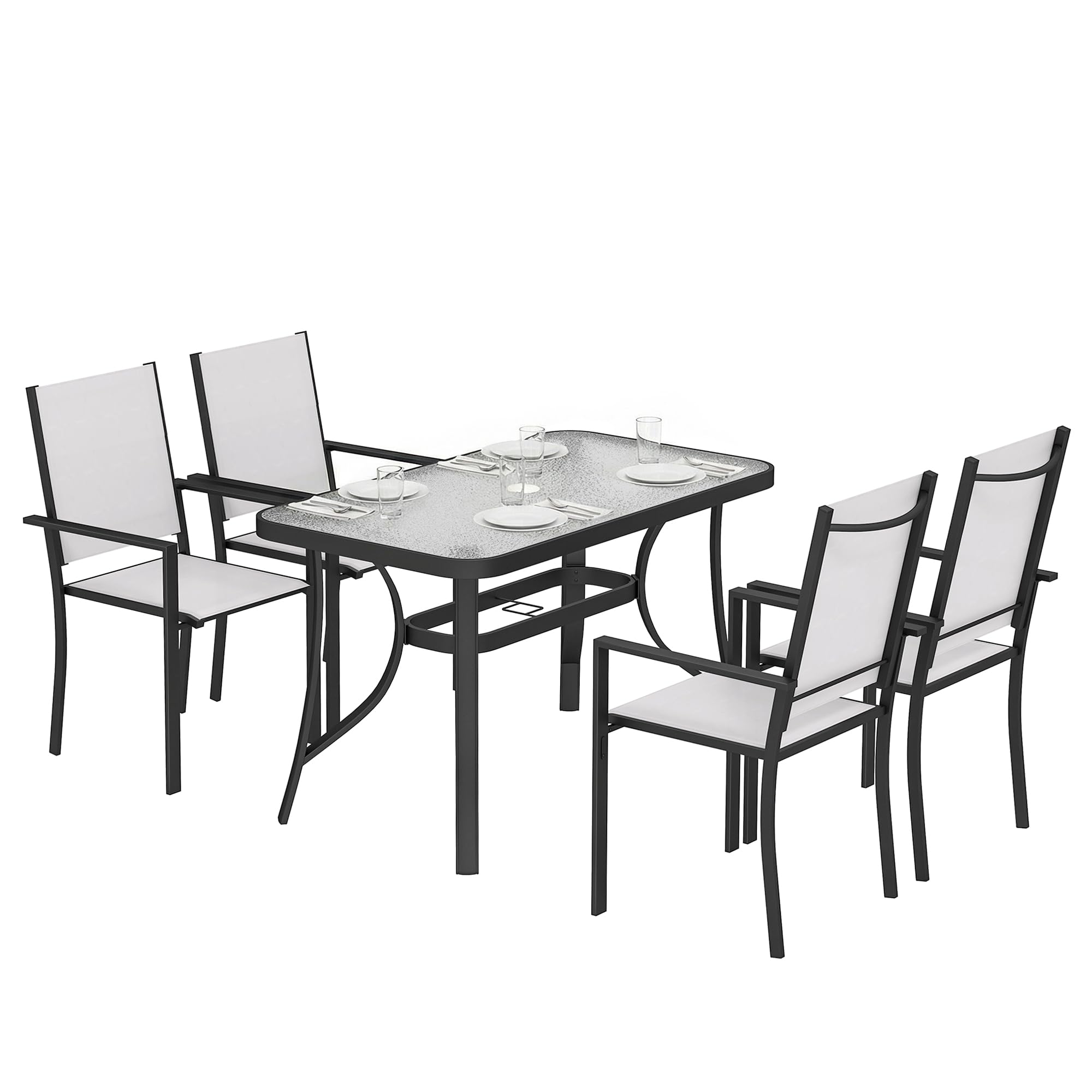 Outsunny Set Tavolo e Sedie da Giardino 5 Pezzi, Set Pranzo Esterno con 4 Sedie Impilabili Texteline, Tavolo Vetro Temperato, Foro Ombrellone, Acciaio, Grigio Chiaro
