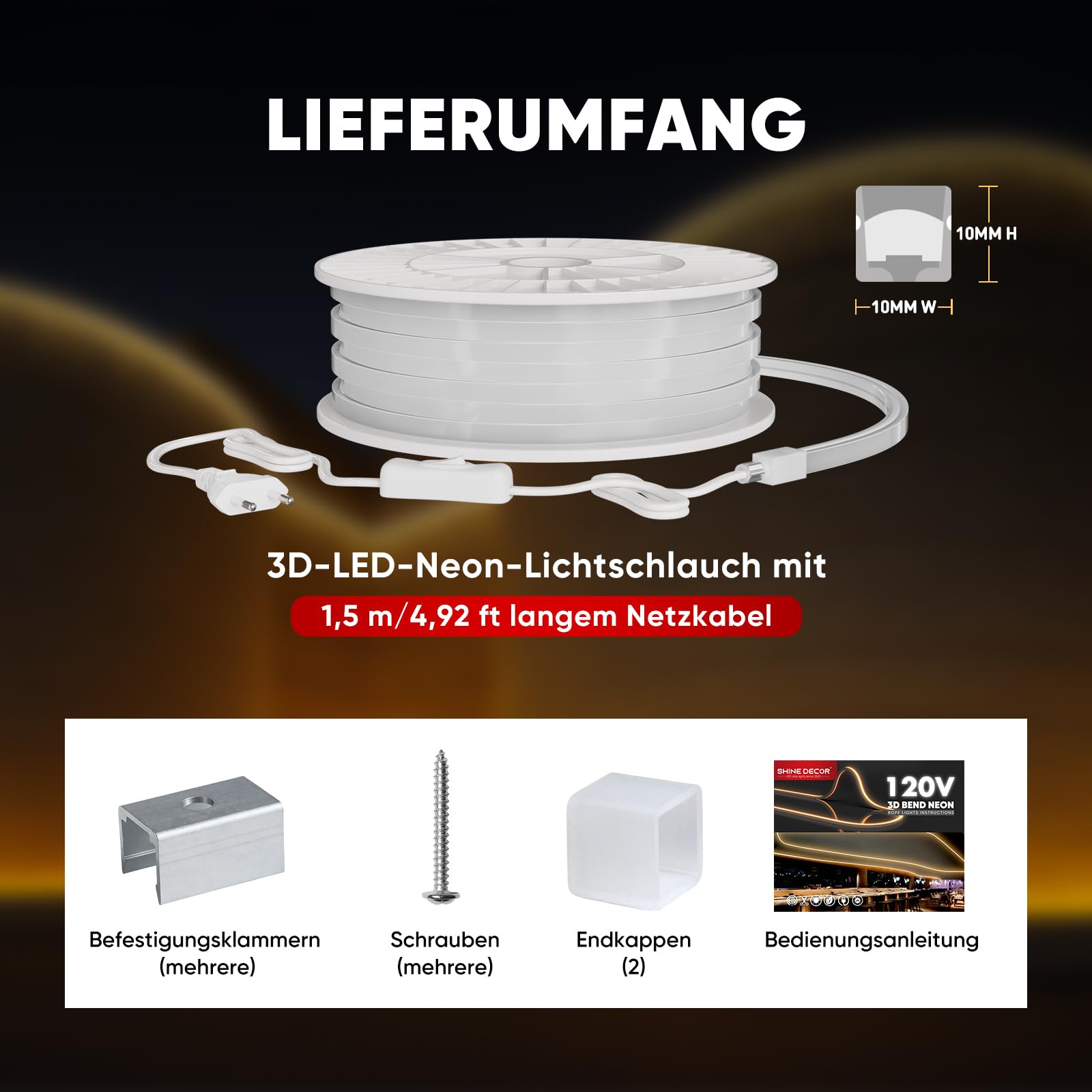 Shine Decor 3D Bend Neon LED Strip, AC 220V-240V Flexibler Neon LED Streifen, IP65 Wasserdichter Neon Lichtstreifen aus Silikonmaterial mit CE-Zertifizierung für Küche und Wohnzimmer (5M, Warmweiß)