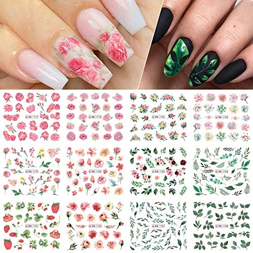 Flower Nail Art Stickers Water Transfer Nail Decals,12 Sheets Blooming Floral Leaf Decal Watermarks Stickers Nail Art Supplies Pink Floral Nails Design Slider Manicure Summer Decoration