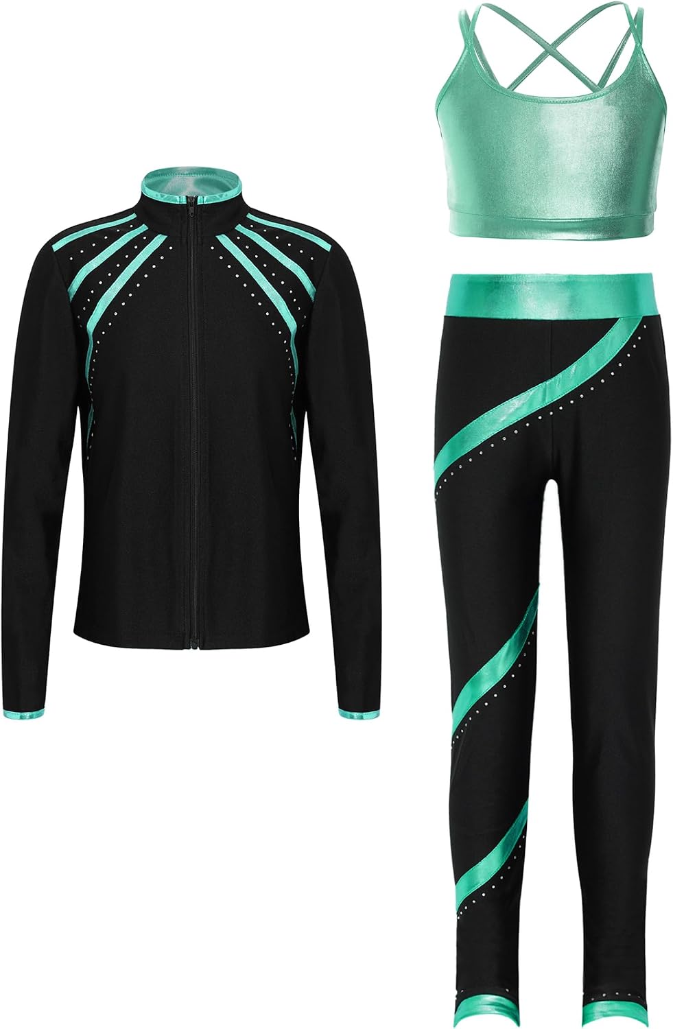 3Pcs Figure Ice Skating Outfits for Girls Metallic Shiny Skating Performance Dance Suit Athletic Tracksuit