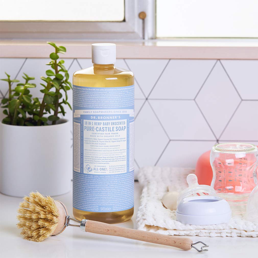 Dr. Bronner's - Pure-Castile Liquid Soap (Baby Unscented, 32 Ounce) - Made with Organic Oils, 18-in-1 Uses: Face, Hair, Laundry, Dishes, For Sensitive Skin, Babies, No Added Fragrance, Vegan, Non-GMO
