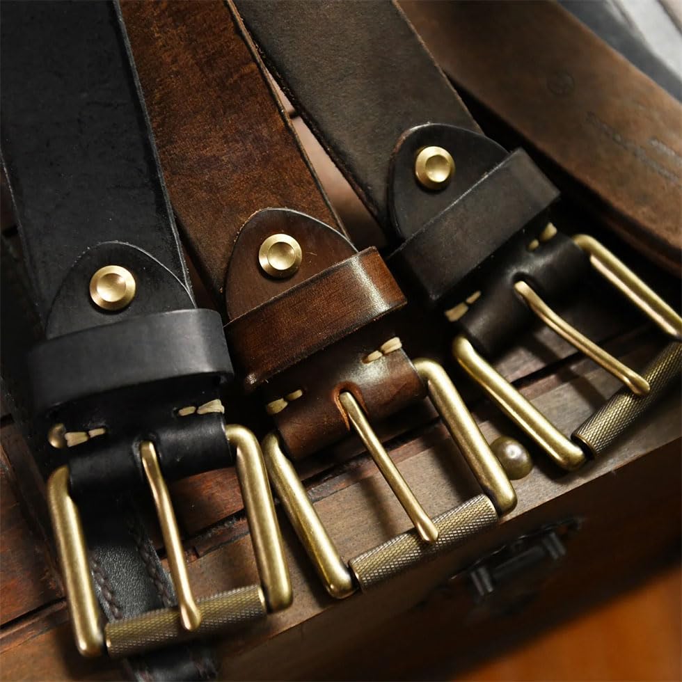 Men 4cm Wide Handmade Extra Thick Leather Belt Vintage Brass Pin Buckle Jeans Motorcycle Belt4