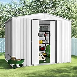 CrownLand Outdoor Vented Backyard Garden Storage Shed 6X8 Feet Tool House with Sliding Door Outdoor Lawn Steel Roof Sheds White