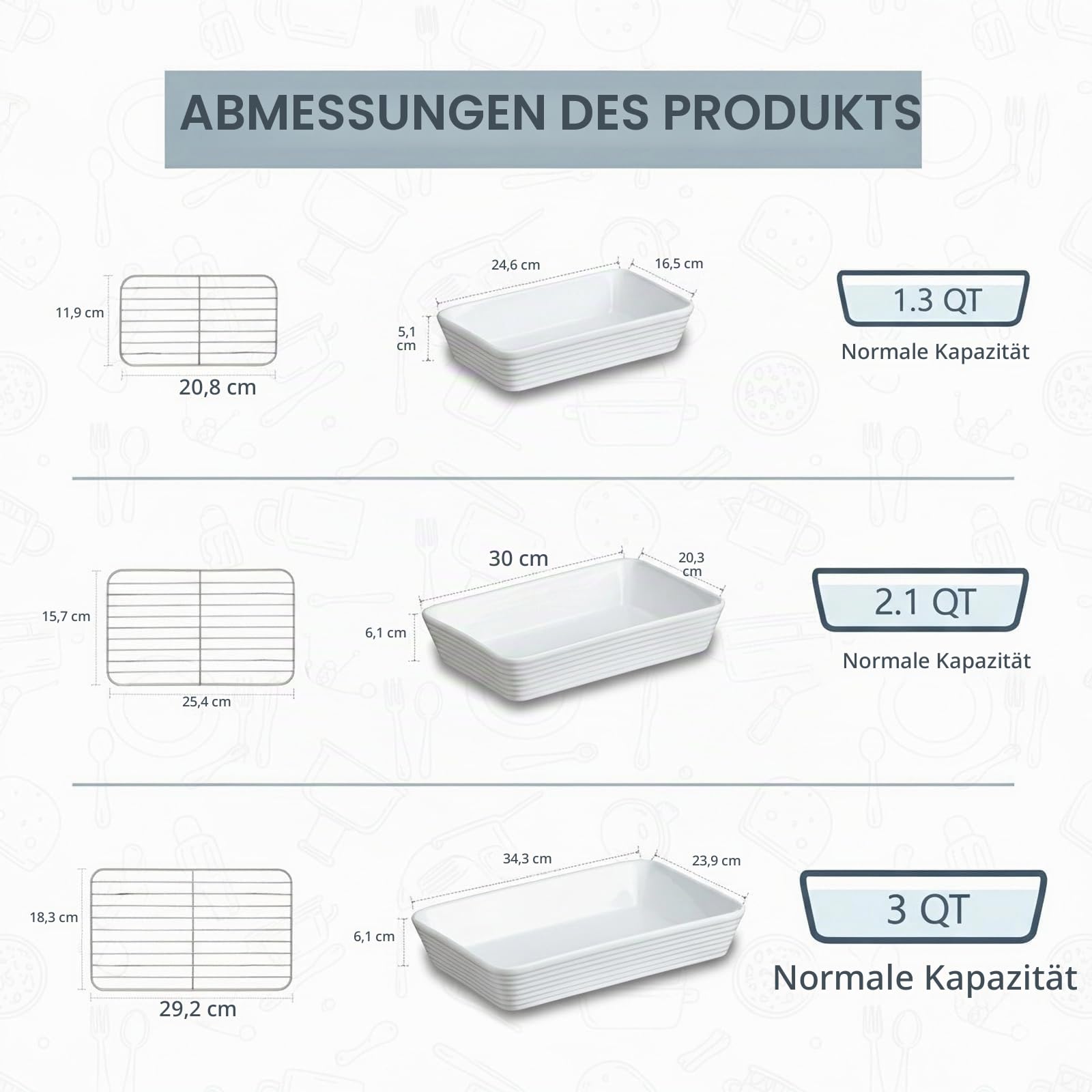 ONEMORE 3er Set Auflaufformen aus Keramik mit Rost, rechteckige Backform für Lasagne, Tiramisu und Aufläufe, in 3 Größen: 2,8 L, 2 L und 1,2 L