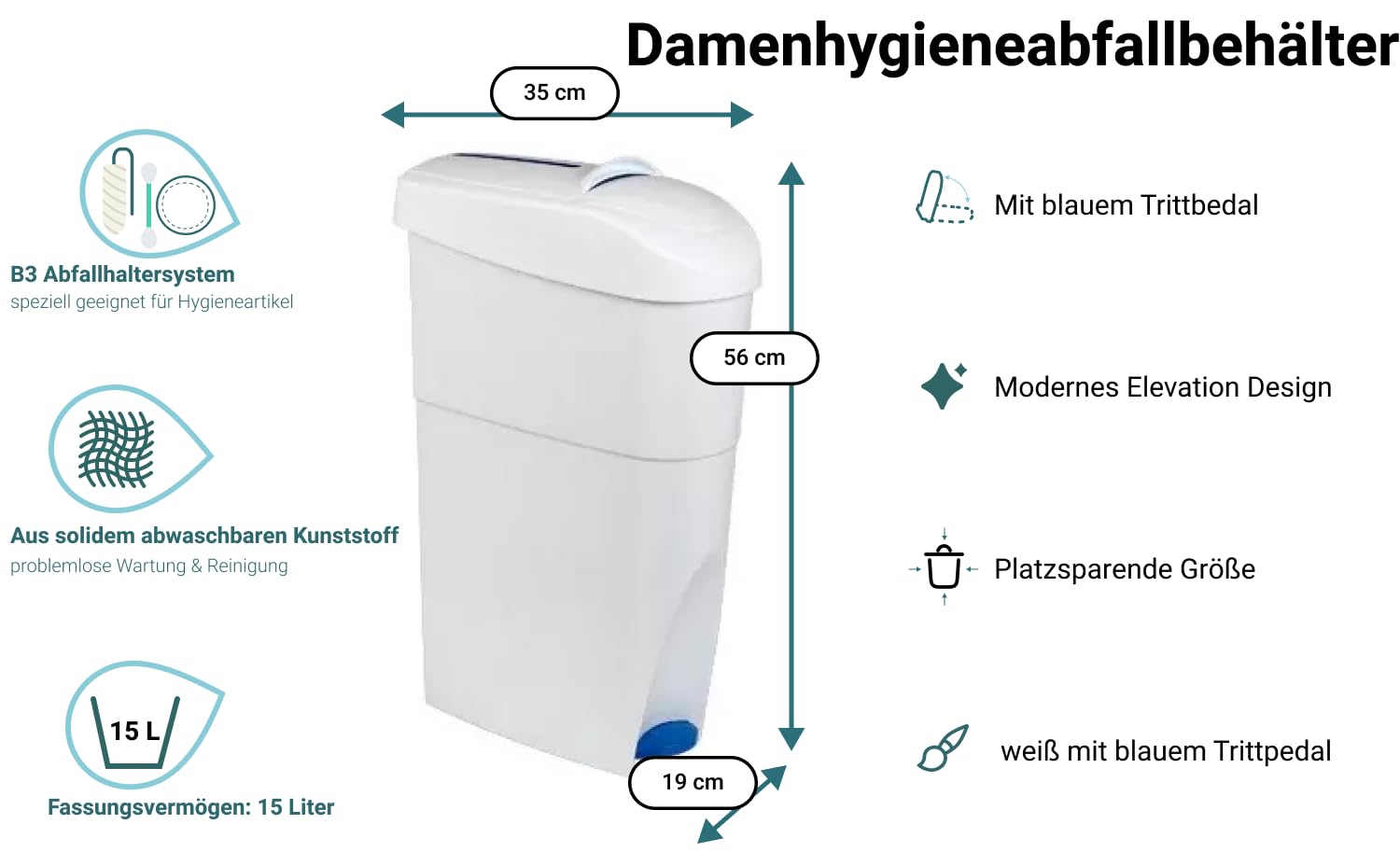 Damenhygiene-Behälter mit Fußpedal 15 Liter | Geschlossener Damenhygiene-Abfallbehälter, Fußpedal, geruchshemmend & abwaschbar