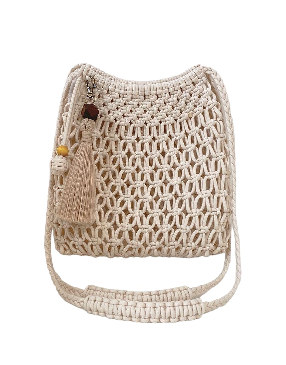 ZZARA DECORATION Cotton Handmade Shoulder Bag For Shopping Gift Office Makeup Handbag With Handle Macrame Trandy Sling Bag Envelope For Womens and Girls OFF WHITE