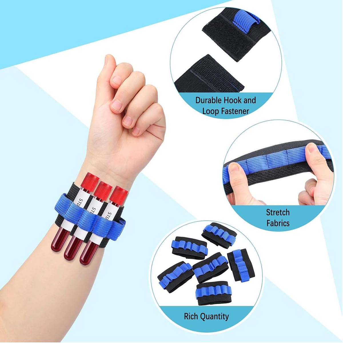 Soporte de tubo de extracción de sangre, muñequeras para flebotomía, capacidad 8 tubos, negro y azul