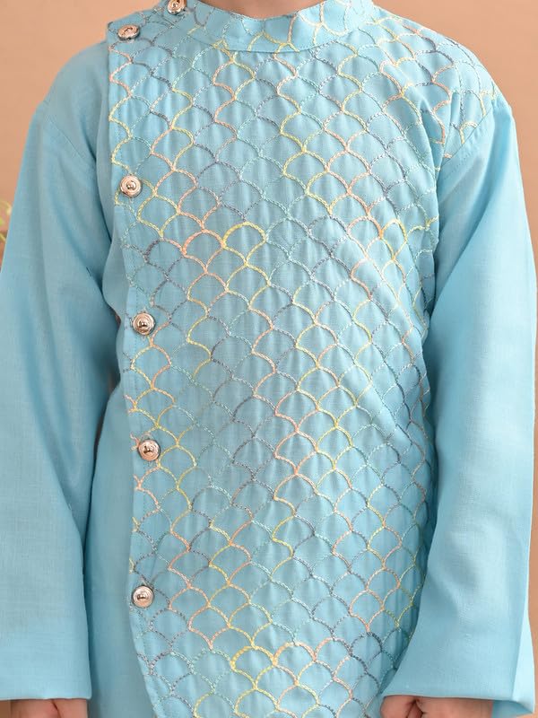 Image of superminis Baby Boys Cotton Side Open Embroidery Kurta and White Pyjama Set