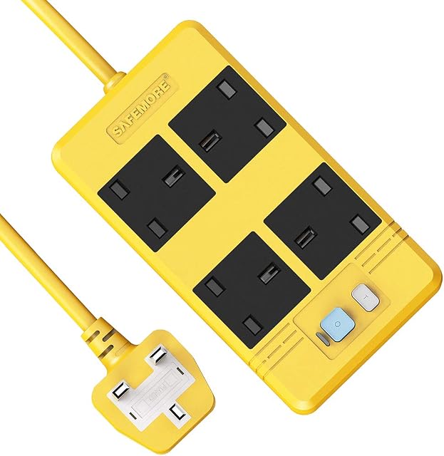 SAFEMORE RCD Extension Lead GFCI Surge Protection Power Strip with Leakage Protection 5M Heavy Duty Cable, 13A/3250W Electrical Plug for Workshop/Garage/Home Theater - Yellow