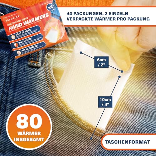 Bramble – Handwärmer (40 Paar, 80 insgesamt) – Luftaktivierte Taschenwärmer für Outdoor-Aktivitäten – Wärme in Minuten – Bis zu 10 Stunden Wärme
