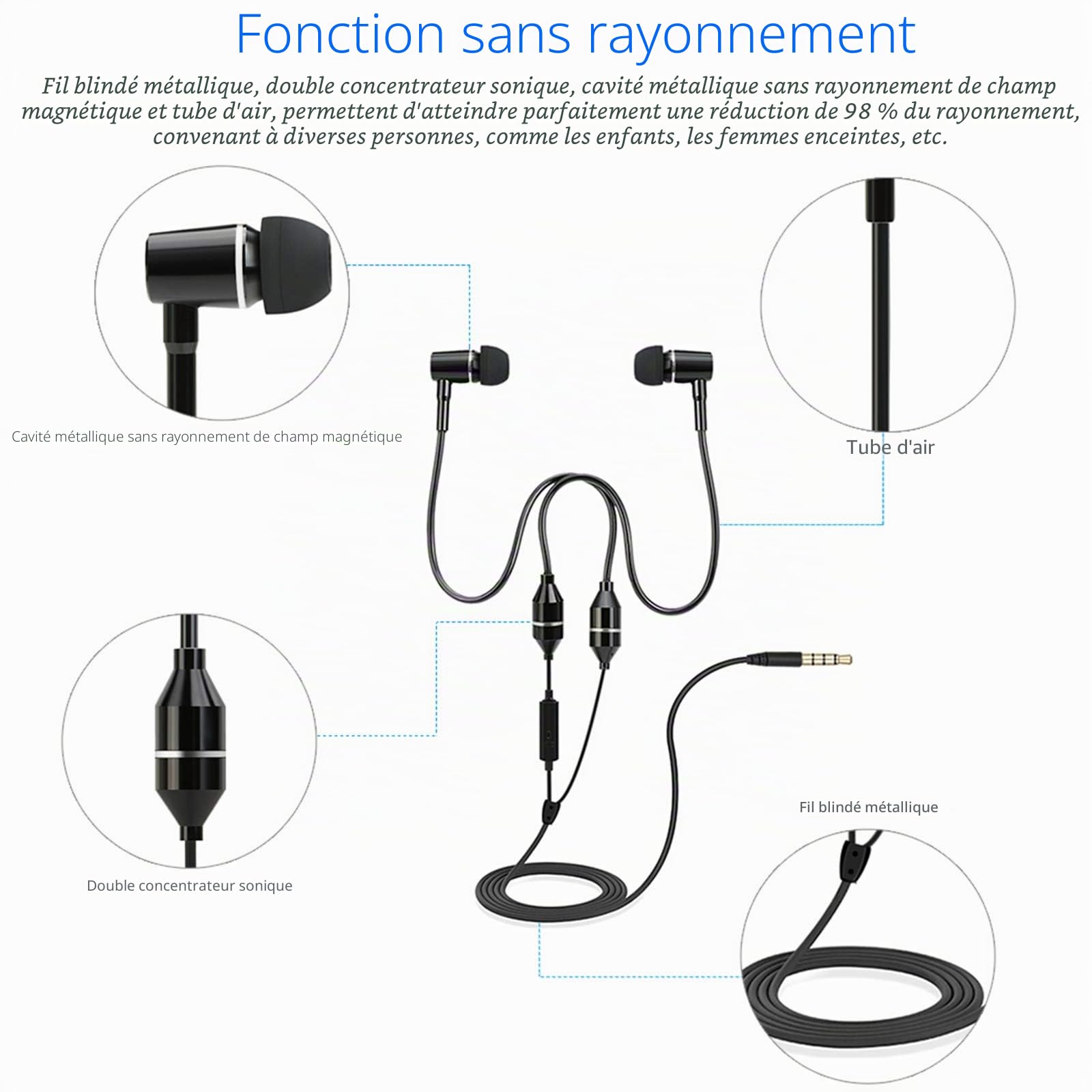 FC12 Casque de Musique Stéréo Tube d'air 3,5 Mm Anti-Rayonnement Écouteurs Intra-Auriculaires sans Rayonnement Réduction du Bruit Contrôle de Ligne avec Micro Noir pour