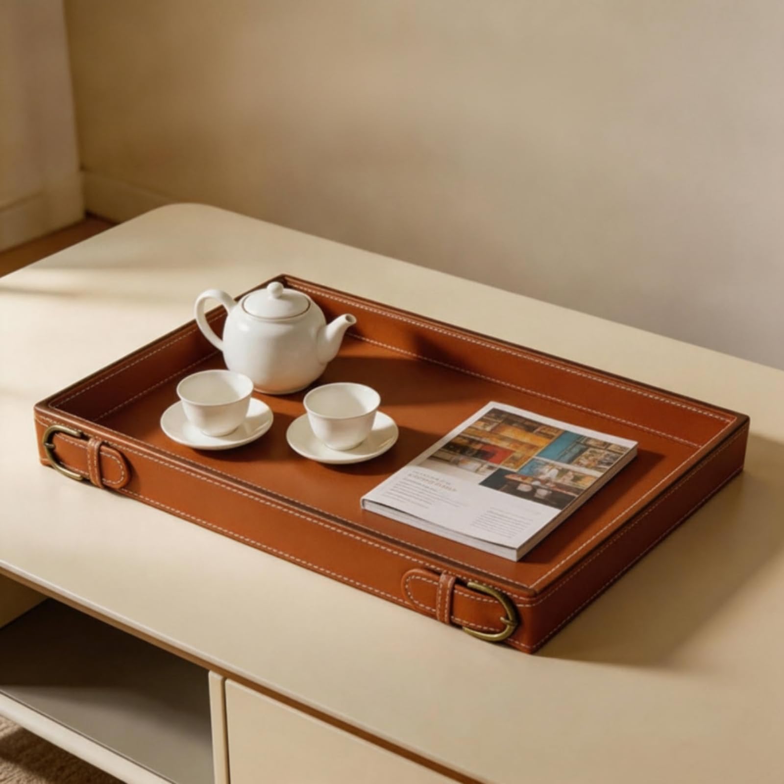 Bandeja Rectangular Bandeja Organizador Centro de Mesa Bandeja de Servicio con Exterior de Piel Sintética y Esquinas Metálicas Costuras Contrastadas y, Marrón Oscuro, 435 300 50mm