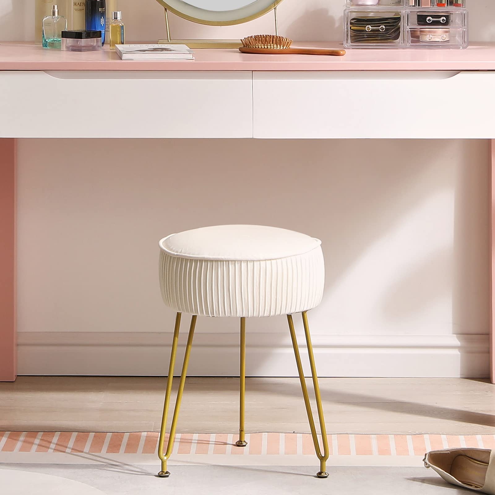 IBUYKE Poggiapiedi rotondo in velluto, sgabello da trucco, tavolino, sedile pouf, gambe in acciaio dorato, bianco crema L/G-30M