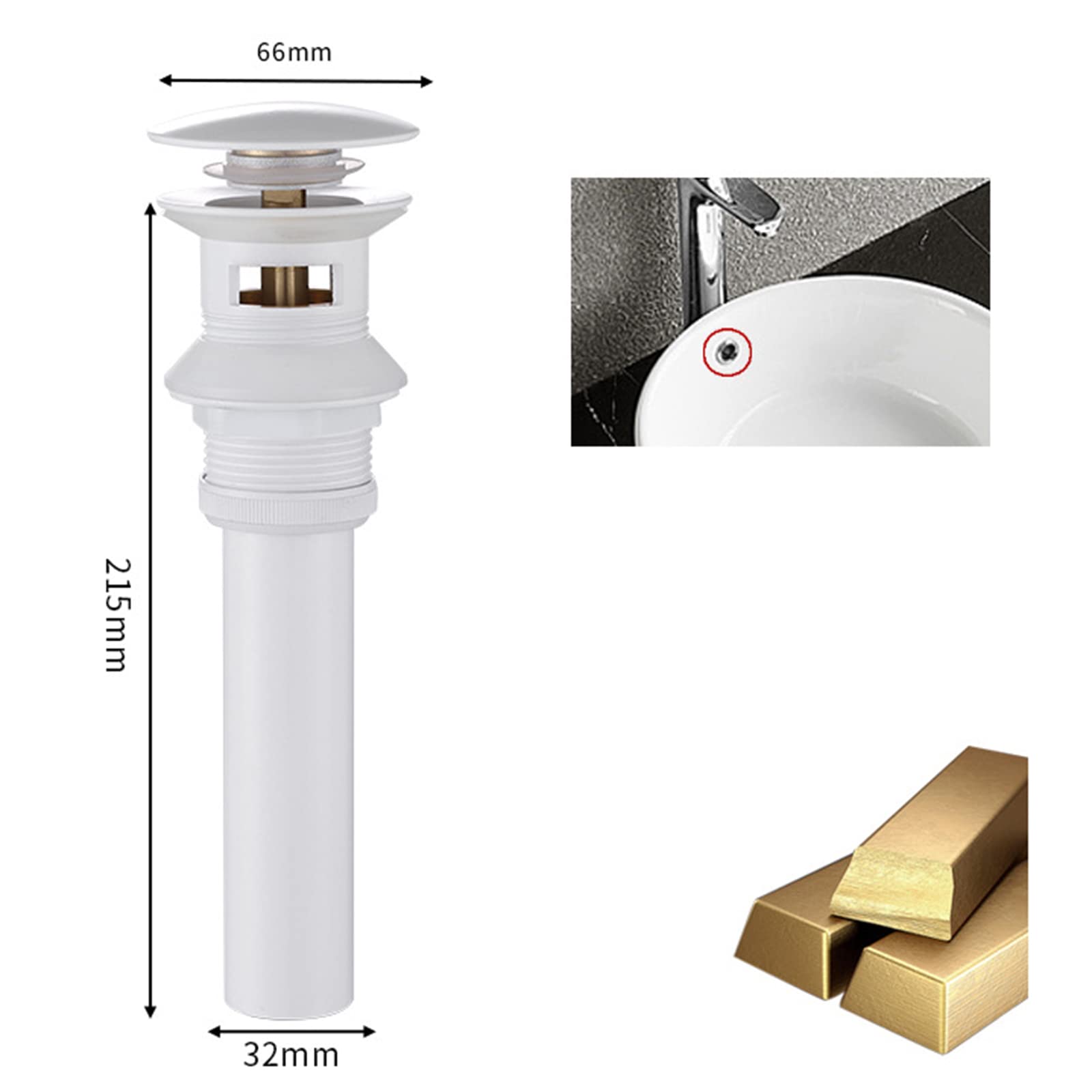 Piletta Lavabo Bagno,Bianco,Pop-Up Valvola Di Scarico 11/4,Piletta Di Scarico Lavandino,Valvola Push Pop,Scolapiatti Tutto In Rame,Bianco A