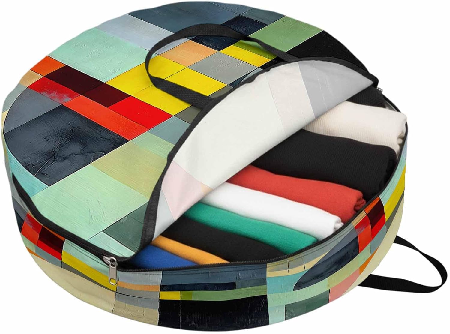 Abstract Art Round Storage Bag 36 Inch, Simple Color Block Collage Art Modernism Clothes Storage Container with Handles Heavy Duty Organizer for Comforter, Bedding & Holiday Wreaths