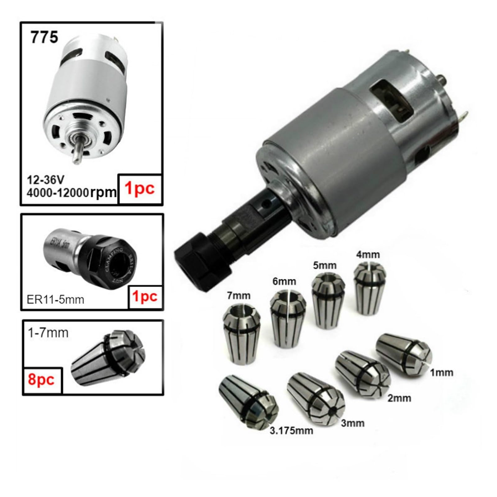 Spindelmotor, 775 Gleichstrommotor, 12–36 V, Kugellager-Spindelmotor mit ER11-Verlängerungsstange, Schnitzmesser for CNC-Fräsmaschine 1610/2417/3018(2)