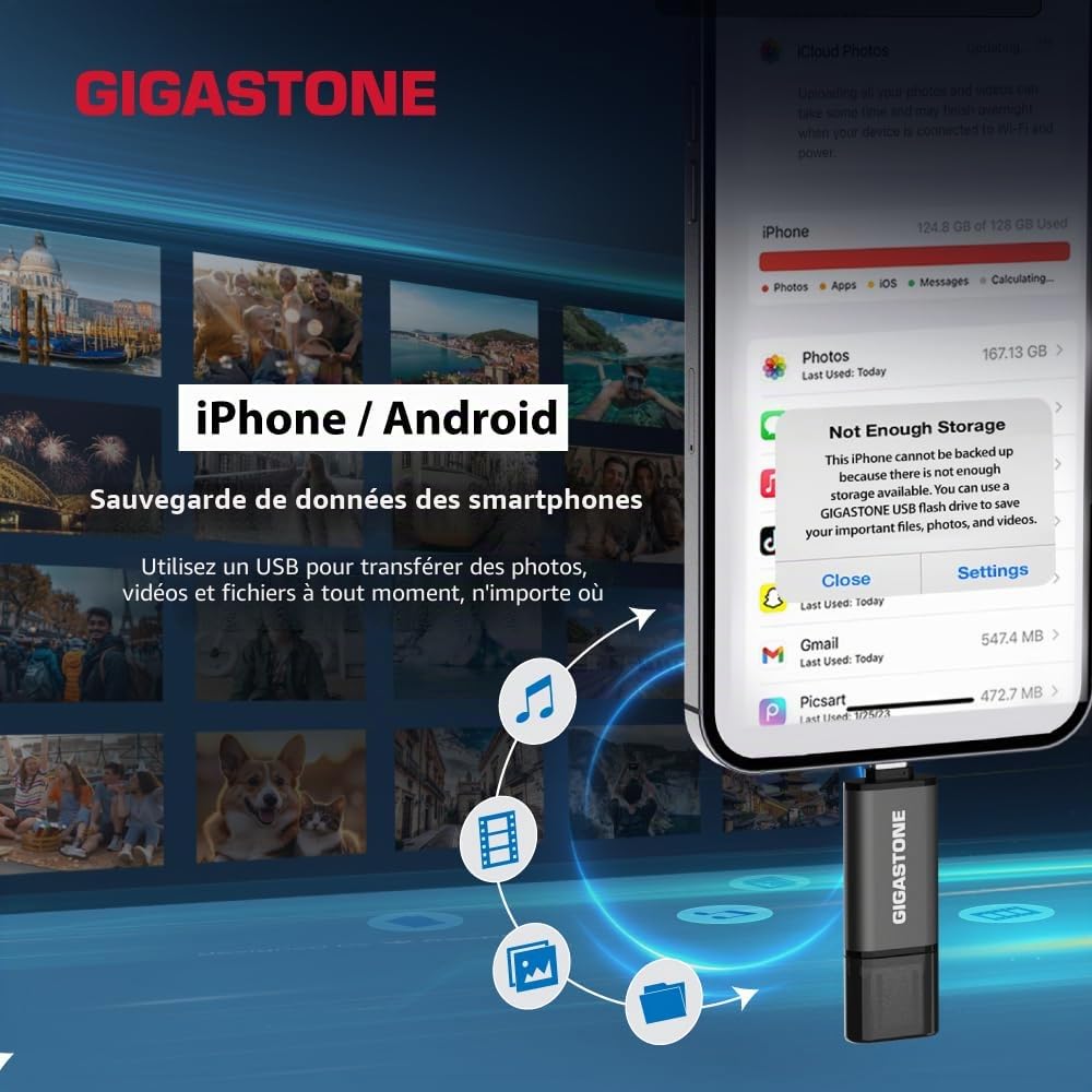 GIGASTONE 512Go Clé USB Double Flash, Z40 USB 3.2 Gen 1, 2-en-1 Type-A & Type-C, 100Mo/s Ultra Rapide, Plug & Play pour Smartphone/PC/Mac/TV/Voiture, USB 2.0/3.0/3.1 Compatible