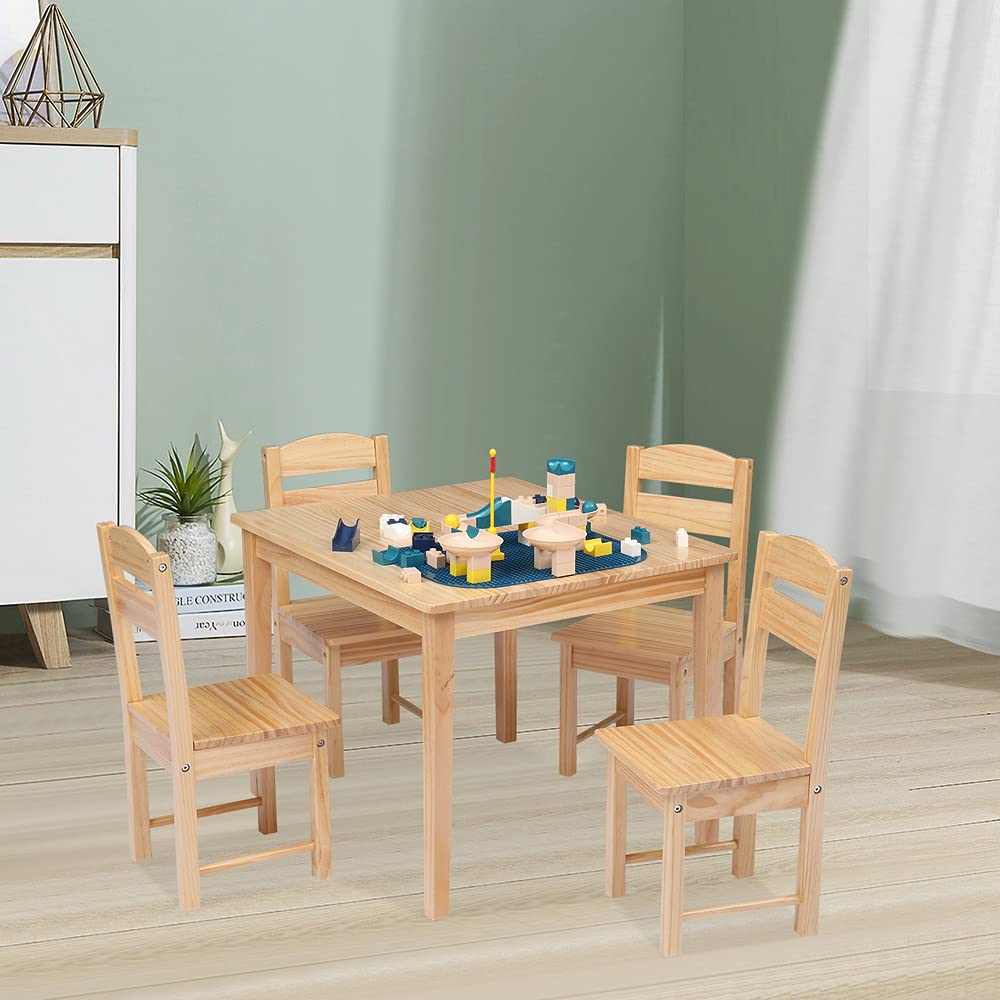 OIUT Kids Wood Table and 4 Chair Set, Children Activity Table Desk Sets for Toddlers Drawing Reading Art Playroom, 5-Piece Kids Furniture for Nursery, Bedroom, Play Room, Classroom (Natural)