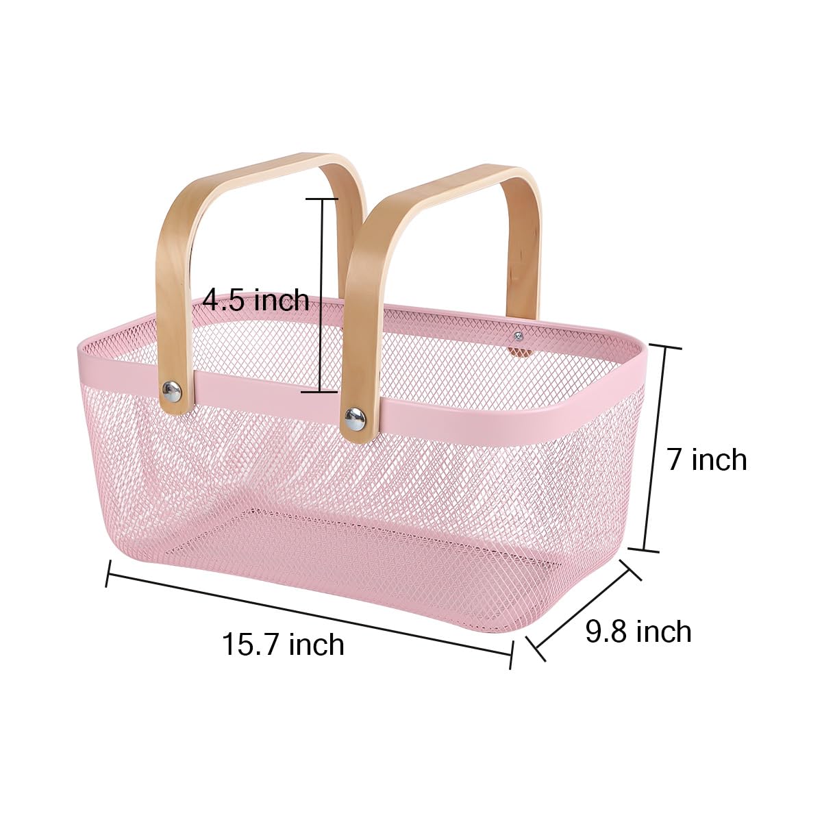 Cesto portaoggetti in rete metallica, portatile, da giardino, per la raccolta e la frutta, con manico in legno, ideale per cucina, picnic, dispense, armadietti, decorazioni per la casa (rosa,