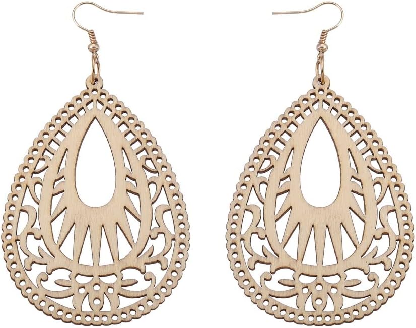 Wood Earrings for Women Handmade Natural Retro Lightweight Teardrop Geometric Hollow Wooden African Dangle Earrings Bohemian Geometric Statement Earrings Ethnic Jewelry Gifts