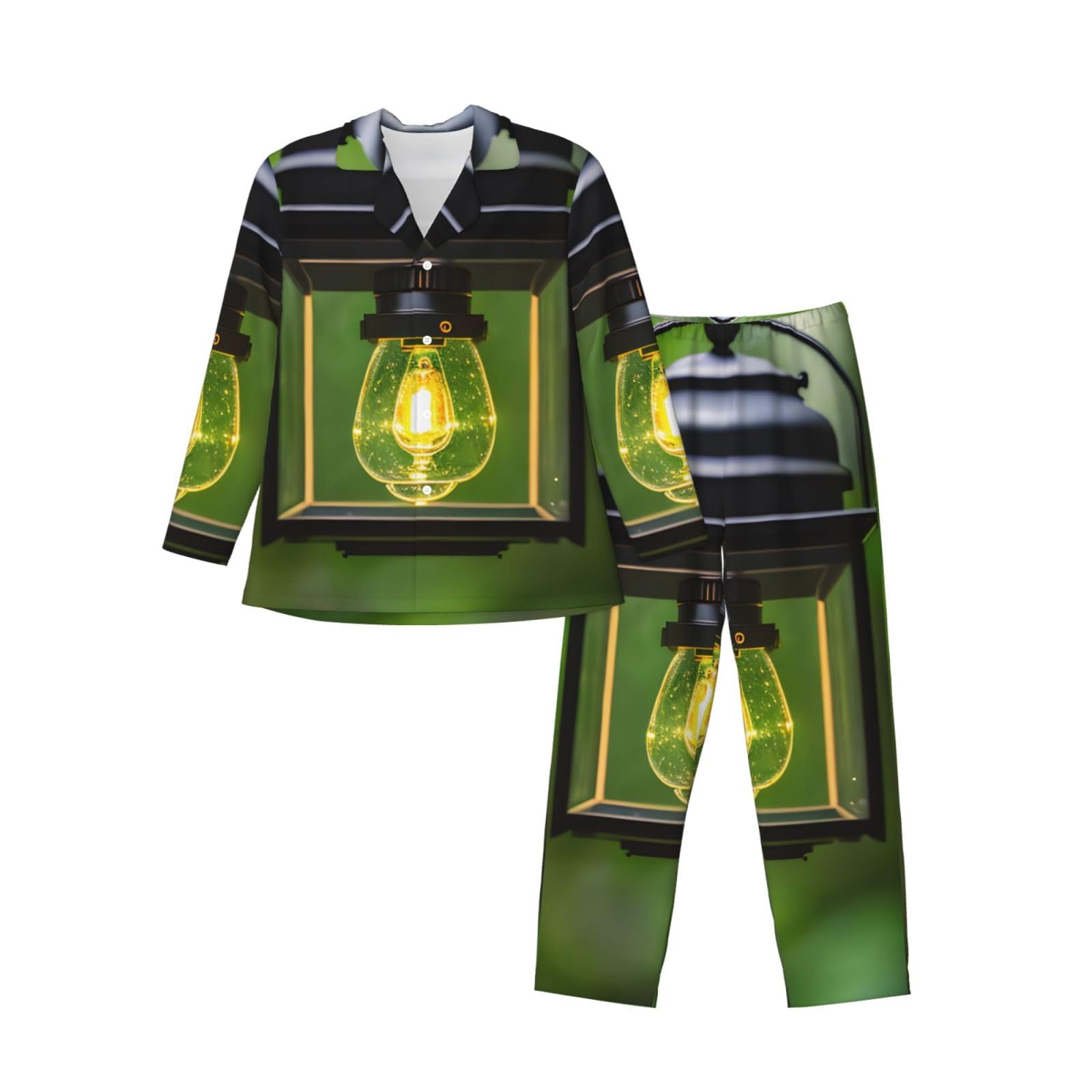 Herren-Pyjama-Set mit Glühwürmchen-und Laternen-Druck, langärmelig, zweiteilig, Hauskleidung, bequeme Nachtwäsche