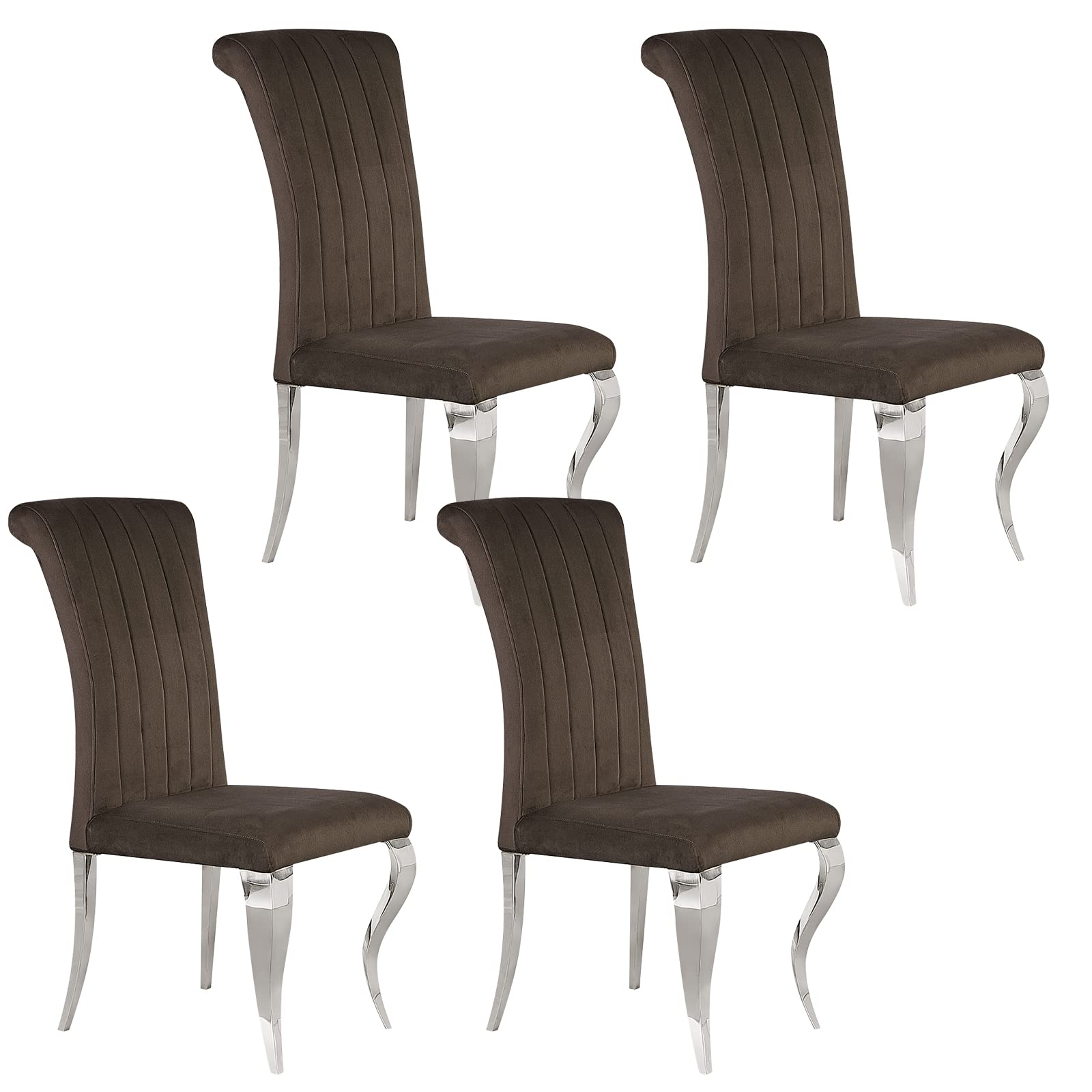 AZhome Dining Chairs Set of 4, Brown Velvet Dining Room Chairs with Silver Stainless Steel Legs