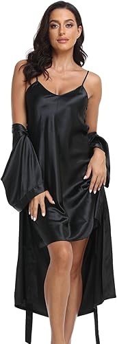 Conjunto de bata de satén para mujer, conjunto de pijama de 2 piezas, lencería sexy, ropa de dormir suave, camisón tipo kimono sedoso con camisola