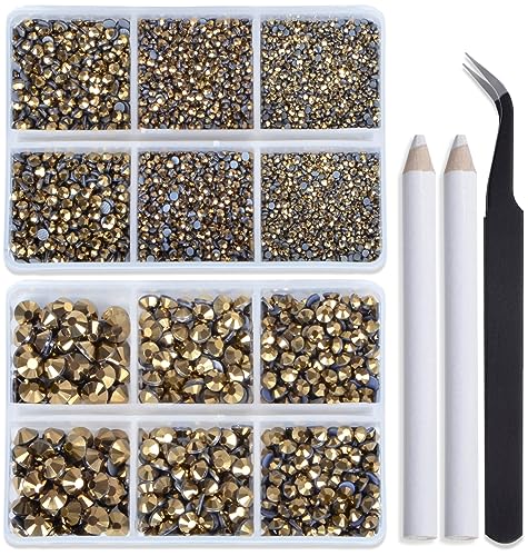 Image of Bymitel Hotfix Crystal Rhinestones Round Gems for Crafts,Mixed 6 Sizes with Wax Pencil Kit, Aurum 1.6-6.3mm SS4-SS30 /8000pcs