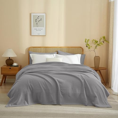 AMWAN Grey Quilted Grid Blankets Full Size Cotton Blend Jersey Knit Thermal Blanket Soft Plaid Blanket Lightweight Warm for All Seasons Women and Men 80x90 in