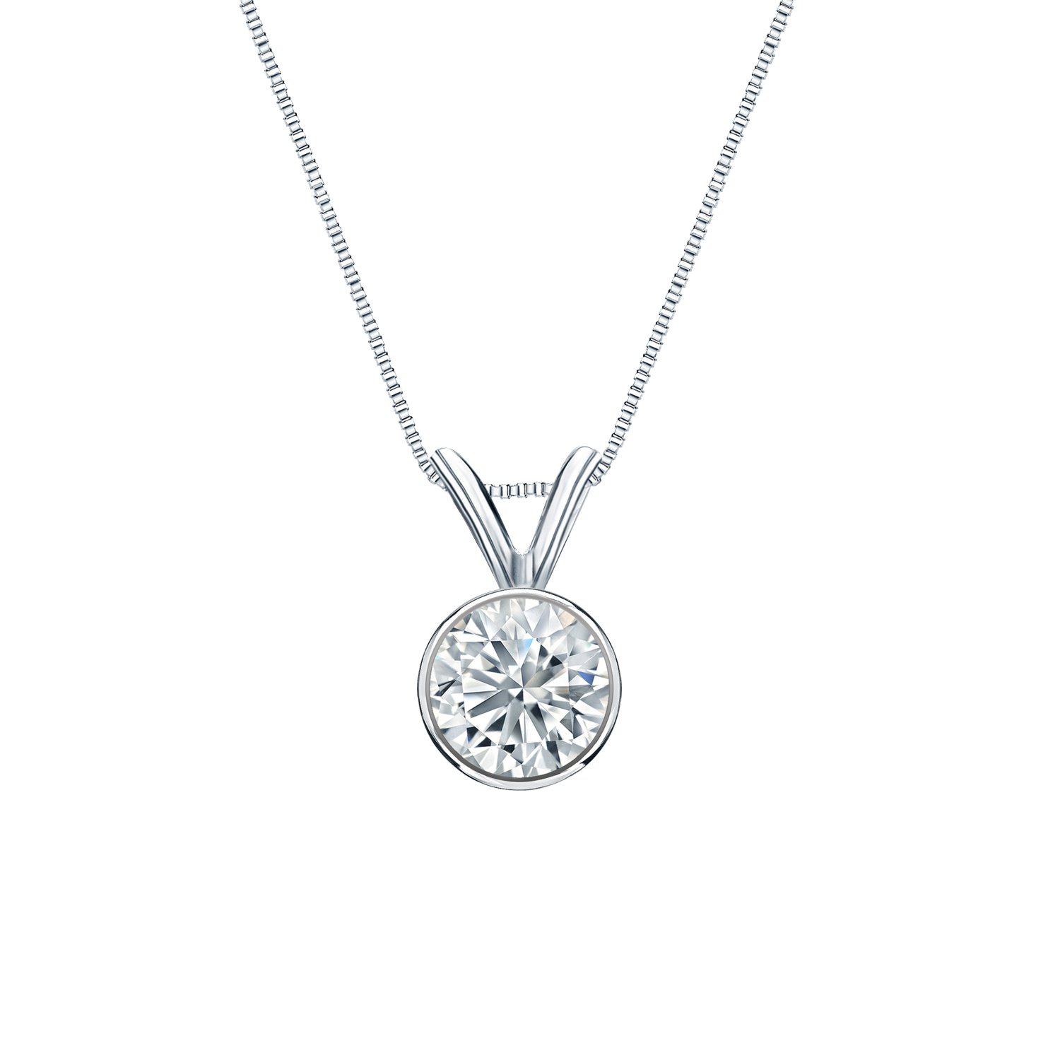 1/2 Carat Lab Grown Diamond Solitaire Round Pendant Necklace in 14k White Gold on 18 Inch Box Chain Spring Ring (E-F, SI1-SI2, cttw) Bezel Set by Diamond Wish